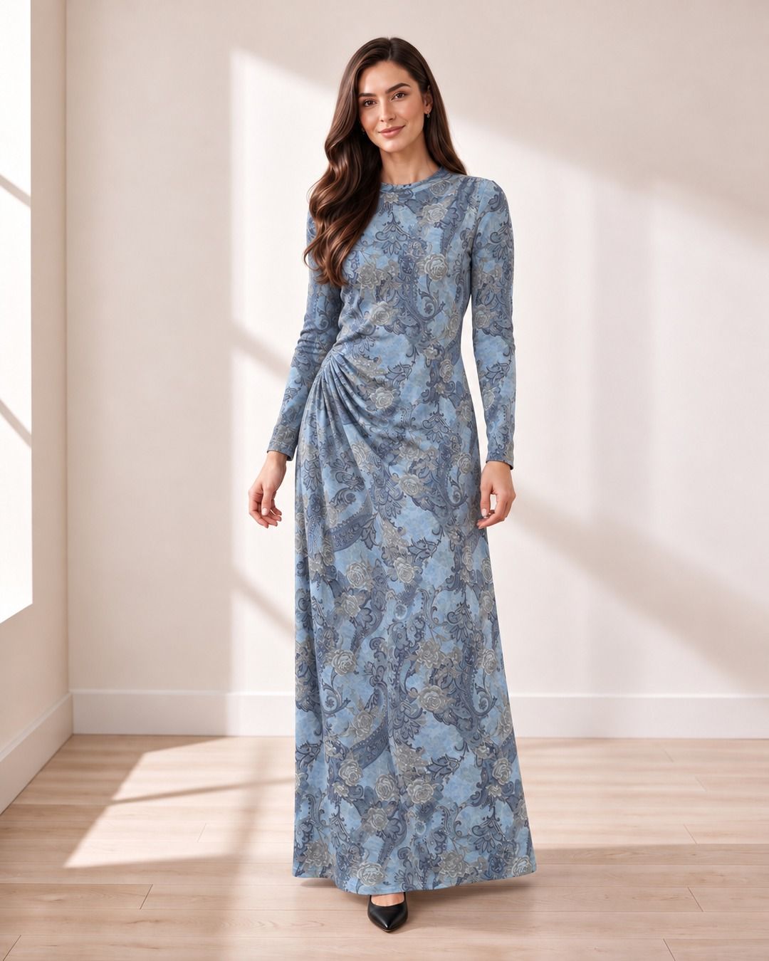 Blue Paisley Ruched Maxi Dress