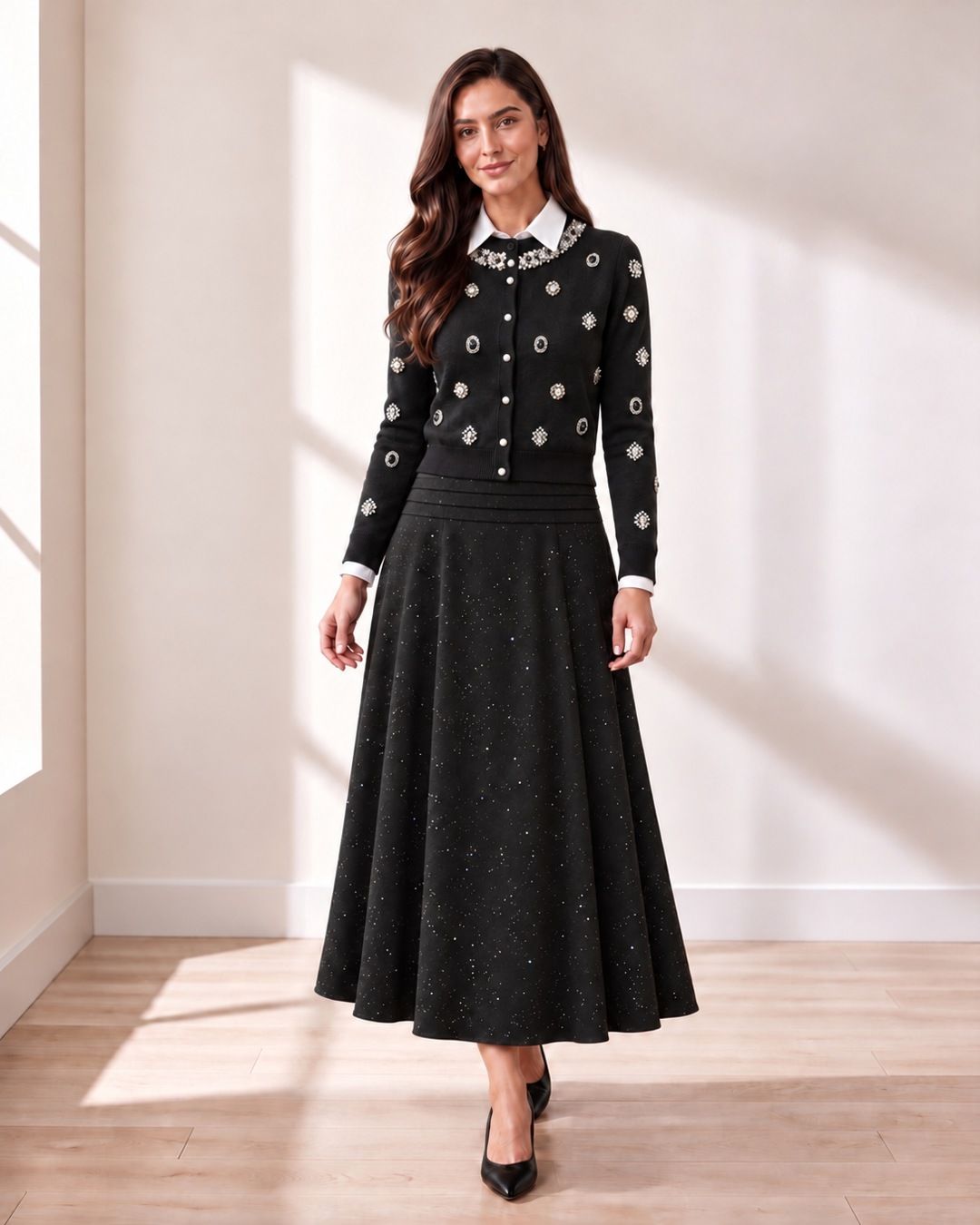 Black Sparkle A-Line Midi Skirt