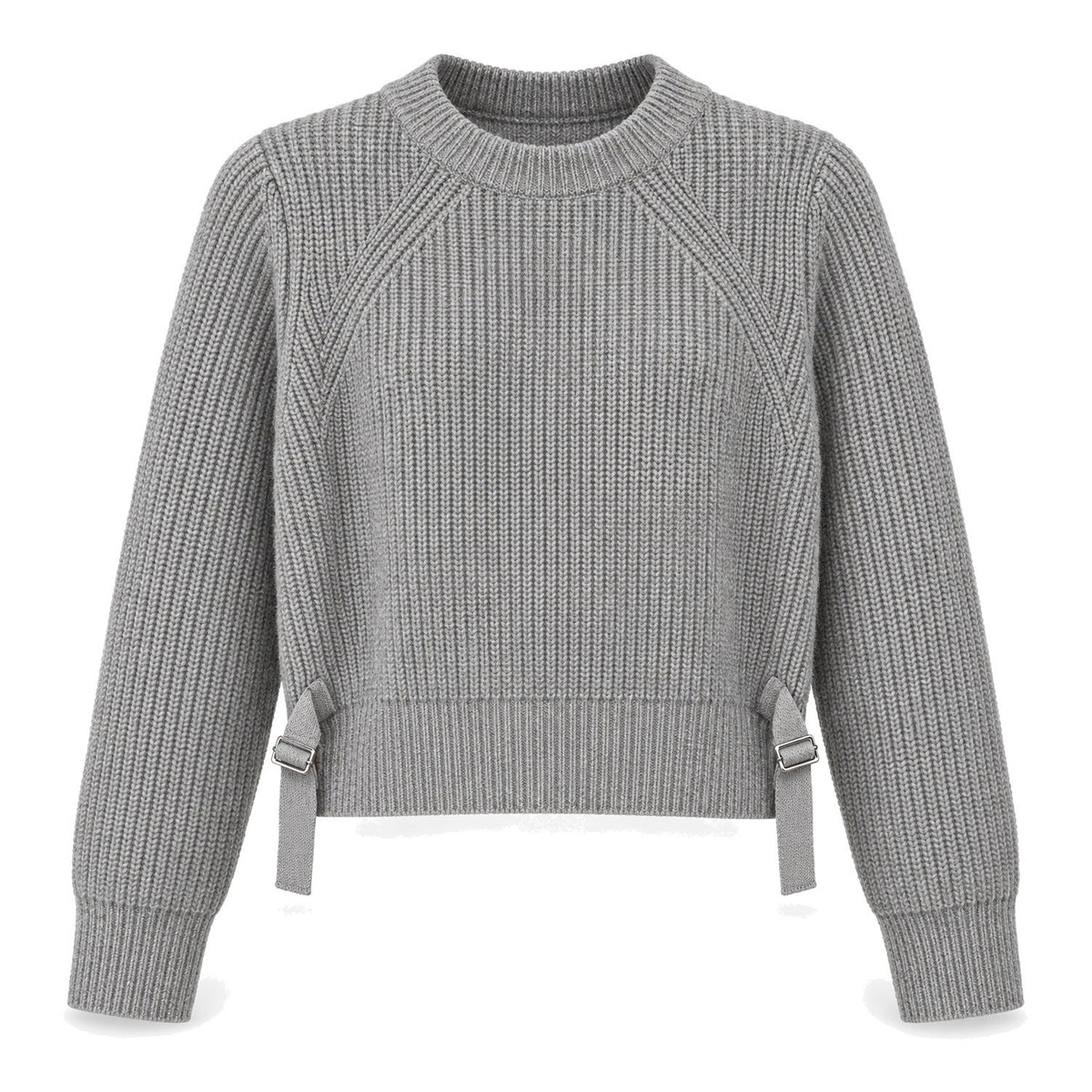 Ribbed Crewneck Sweater with Buckle Tabs