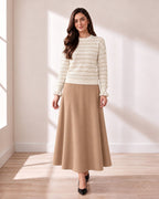Cream Gold-Stripe Knit Sweater with Ruffle Cuffs