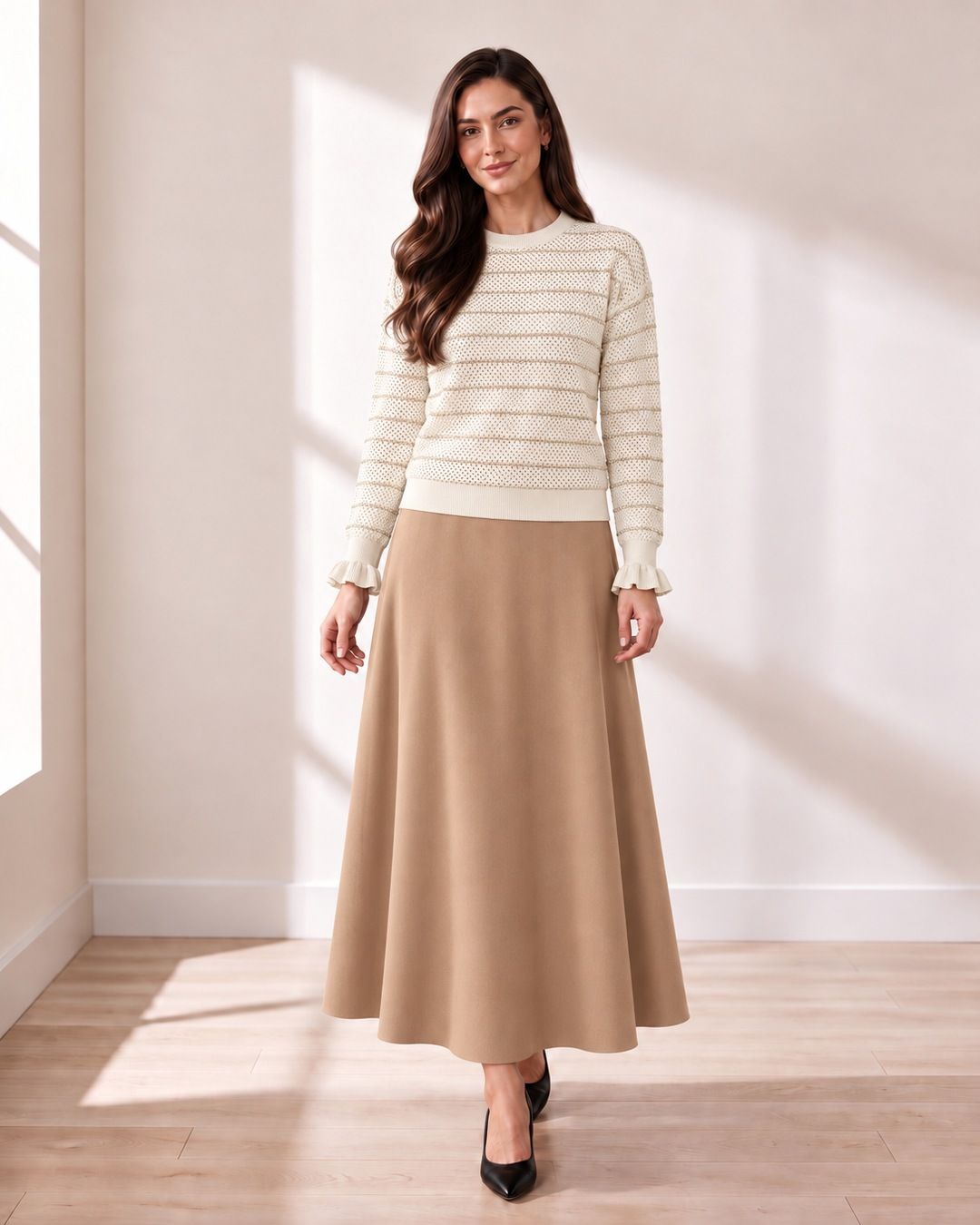 Cream Gold-Stripe Knit Sweater with Ruffle Cuffs
