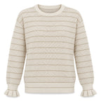 Cream Gold-Stripe Knit Sweater with Ruffle Cuffs