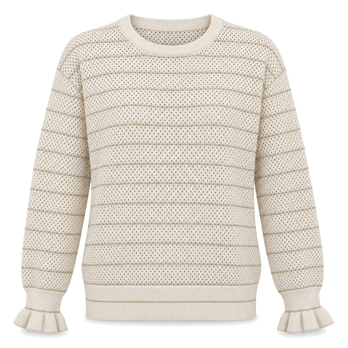 Cream Gold-Stripe Knit Sweater with Ruffle Cuffs