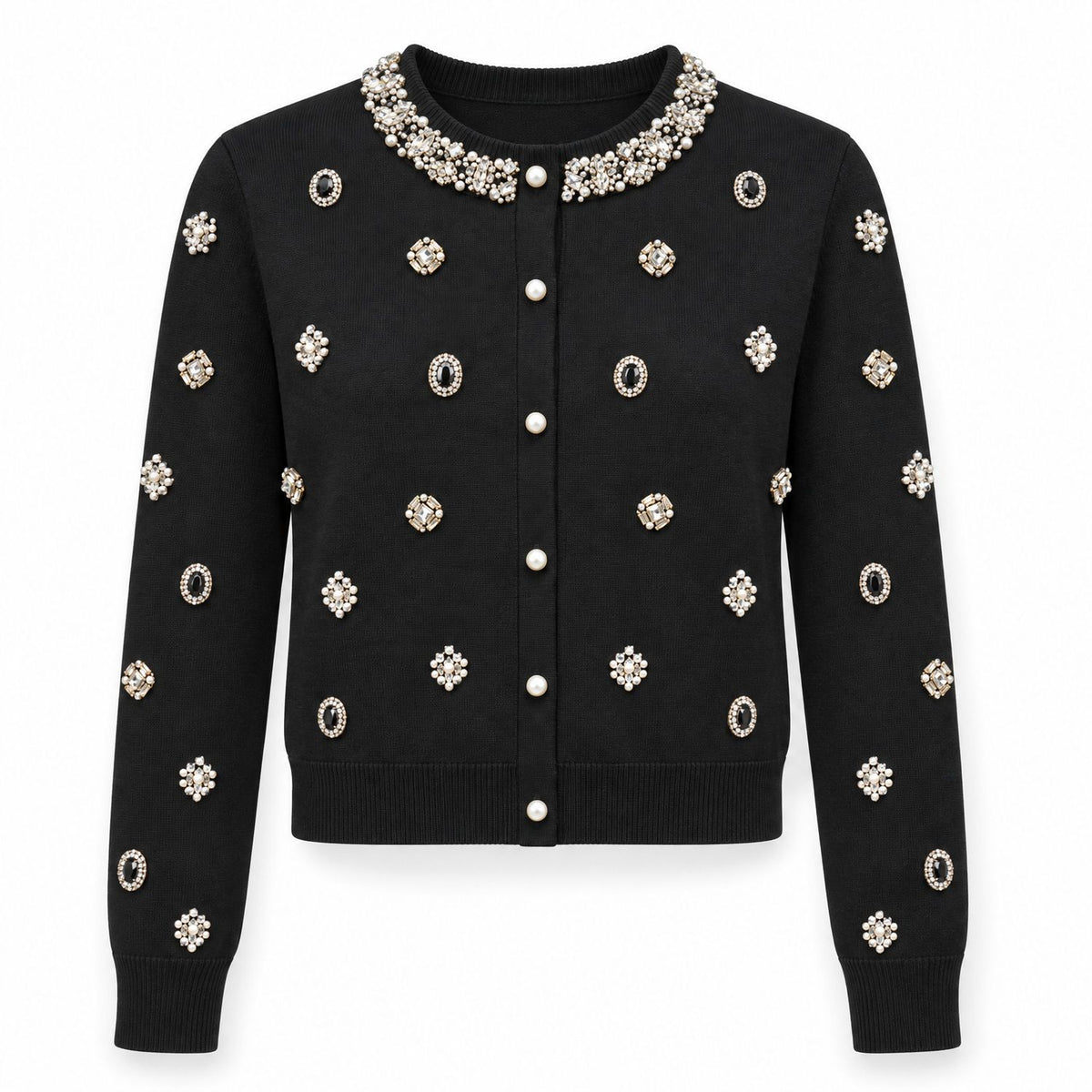 Black Jeweled Cardigan with Pearl Buttons