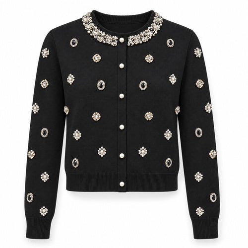 Black Jeweled Cardigan with Pearl Buttons