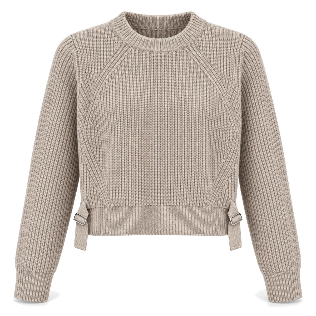 Ribbed Crewneck Sweater with Buckle Tabs