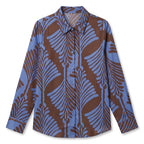 Blue and Brown Print Button-Up Blouse