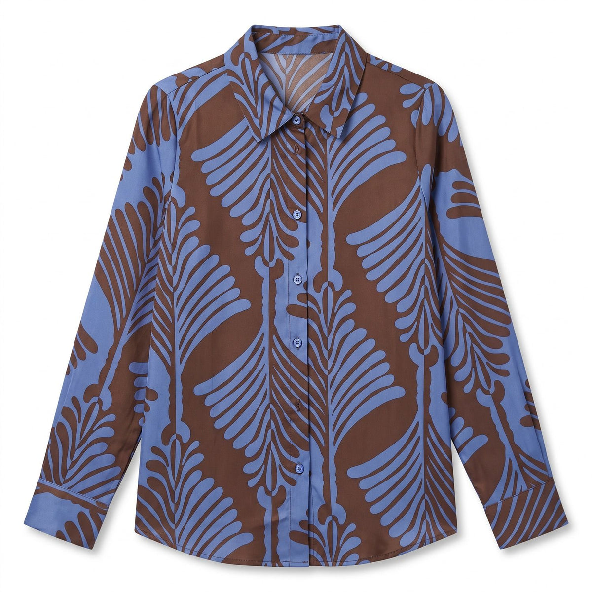 Blue and Brown Print Button-Up Blouse