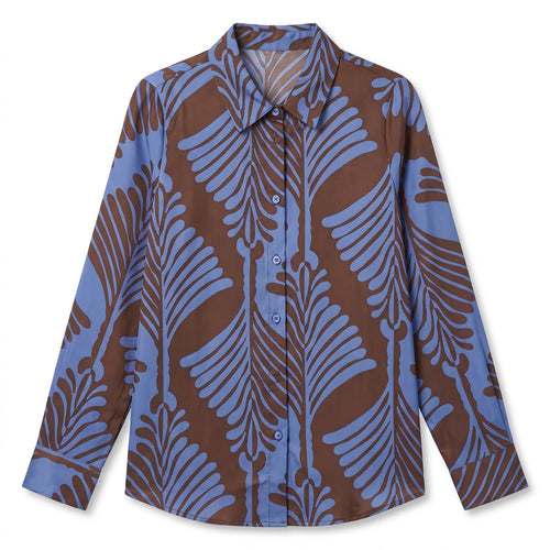 Blue and Brown Print Button-Up Blouse