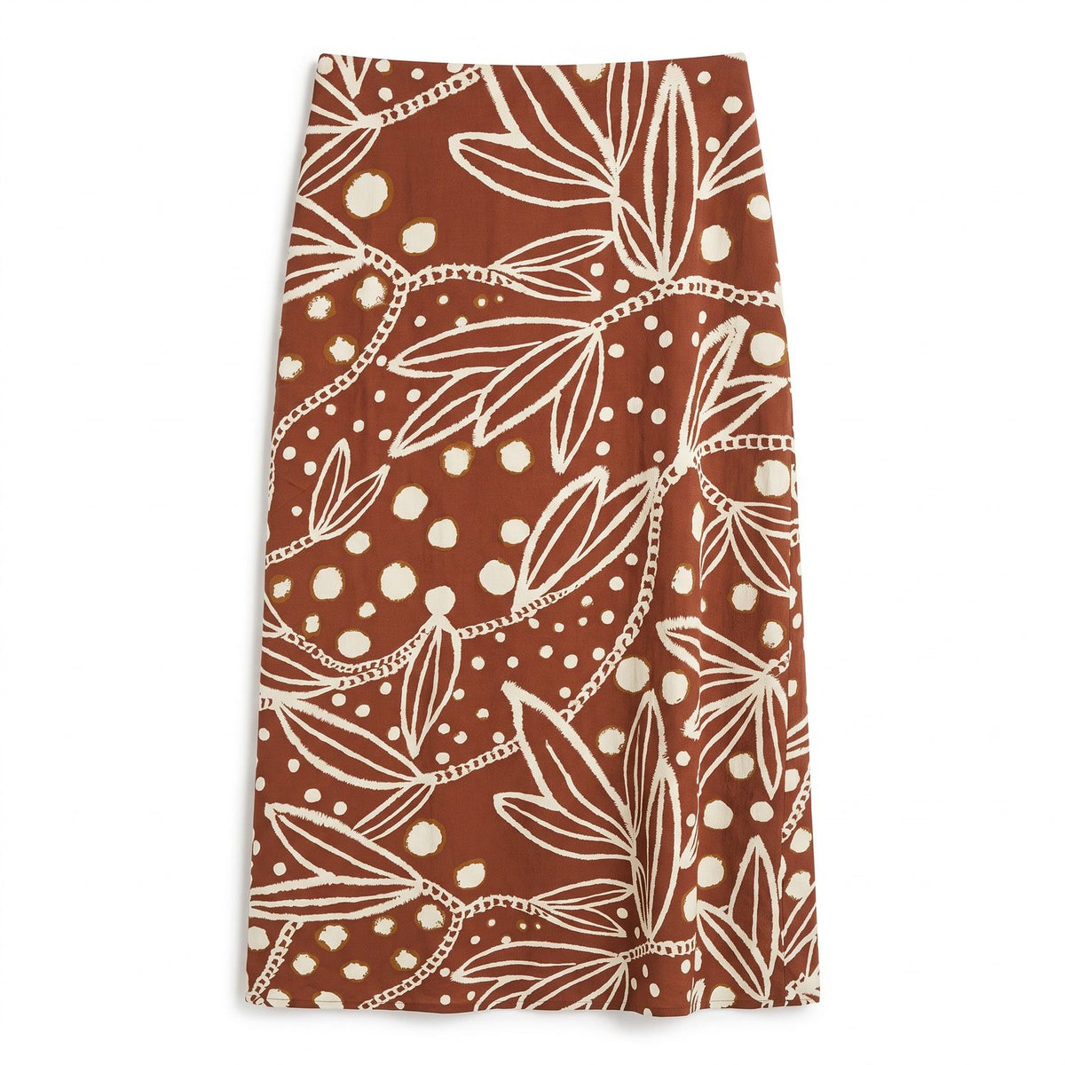 Brown Leaf-Print Midi Skirt