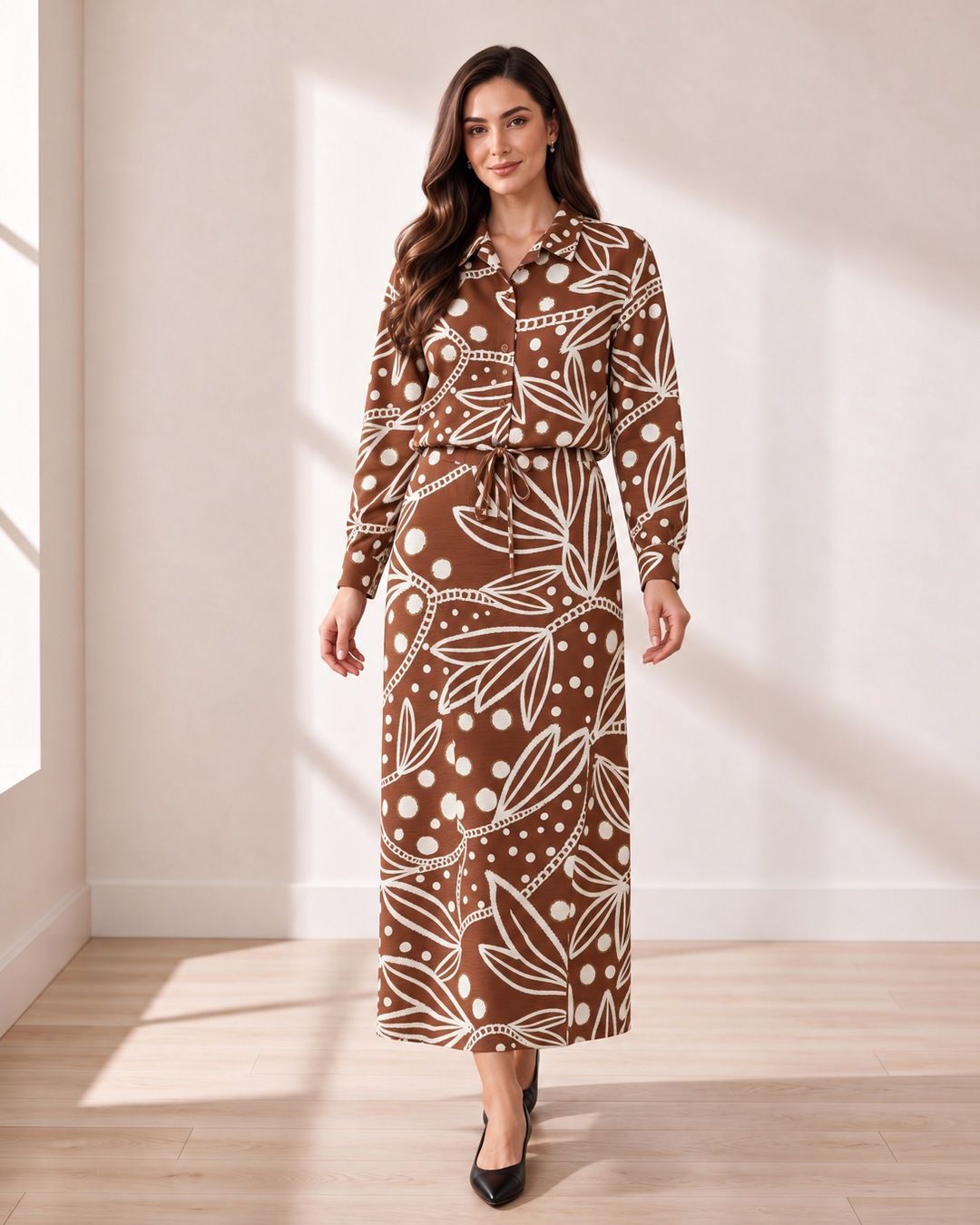 Brown Leaf-Print Midi Skirt