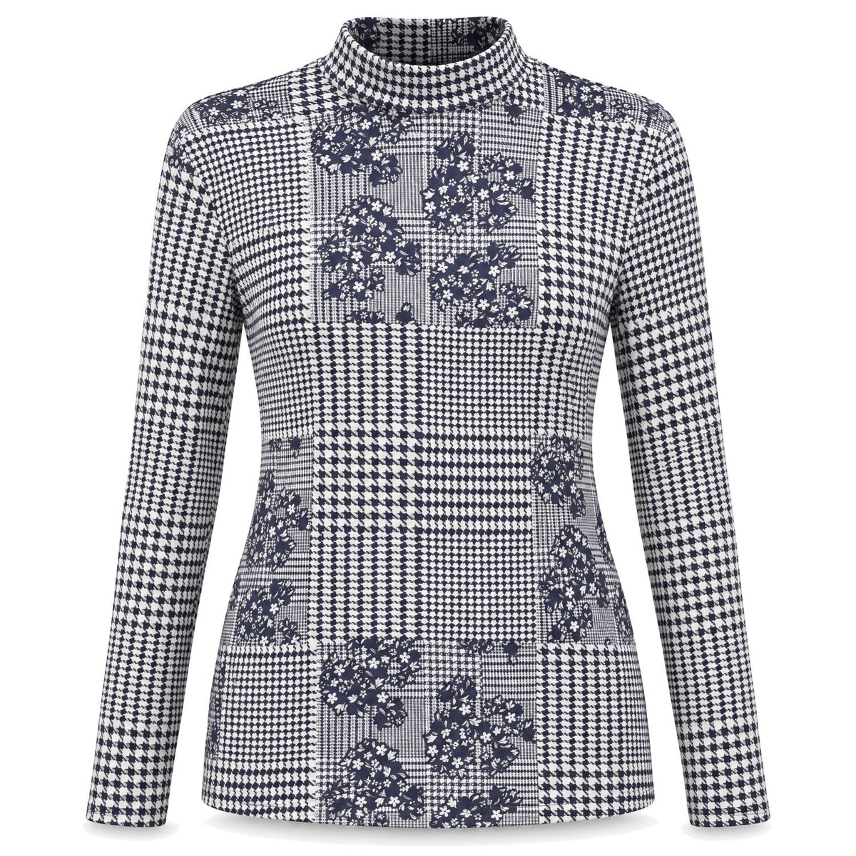 Houndstooth Floral Mock-Neck Top