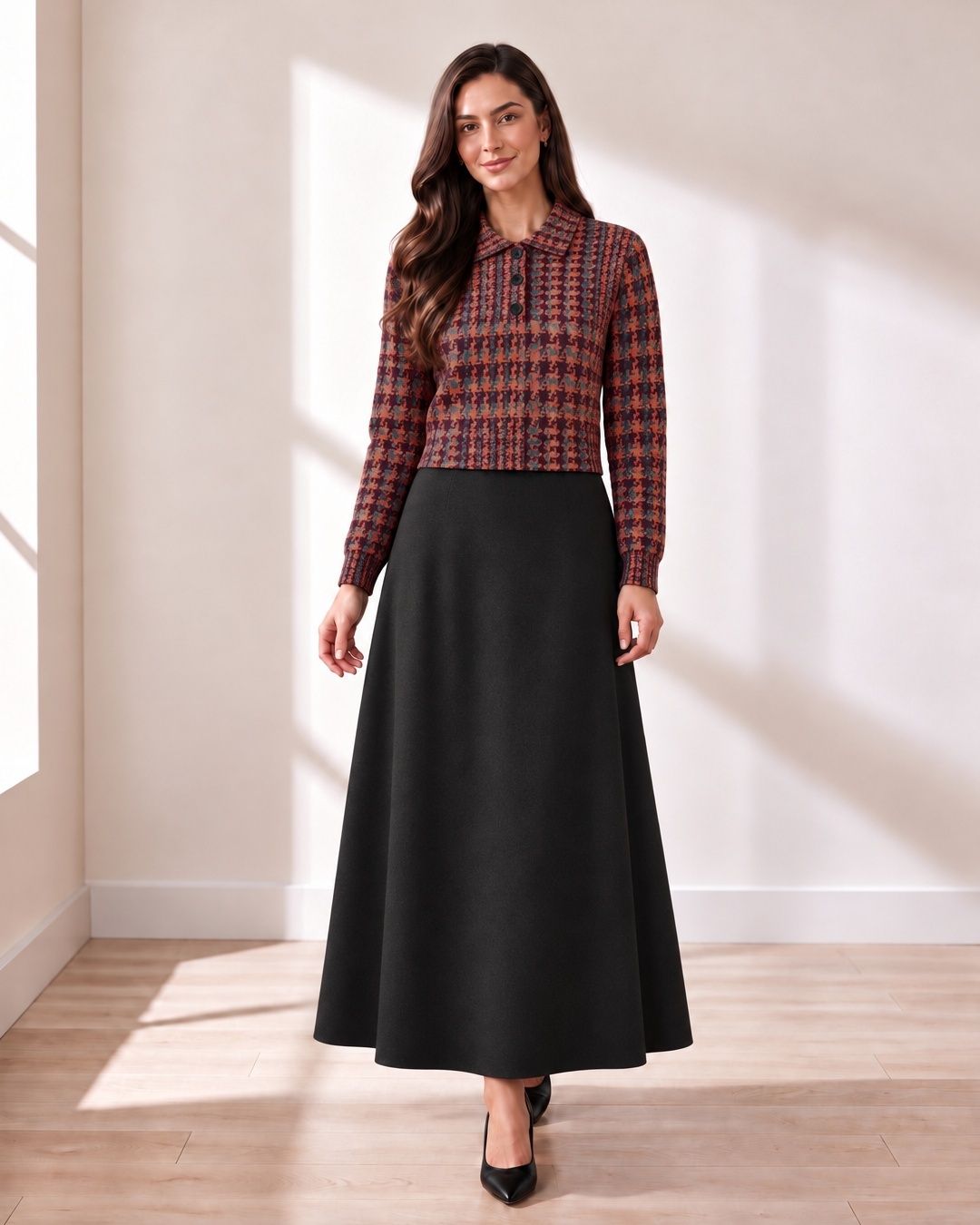 Burgundy Houndstooth Polo Sweater