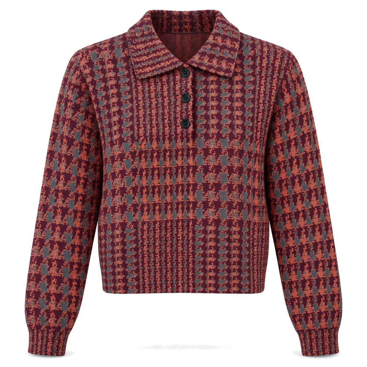 Burgundy Houndstooth Polo Sweater