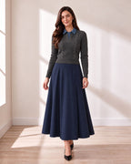 Charcoal Cable Sweater with Denim Collar