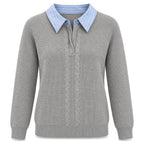 Grey Cable Sweater with Striped Collar