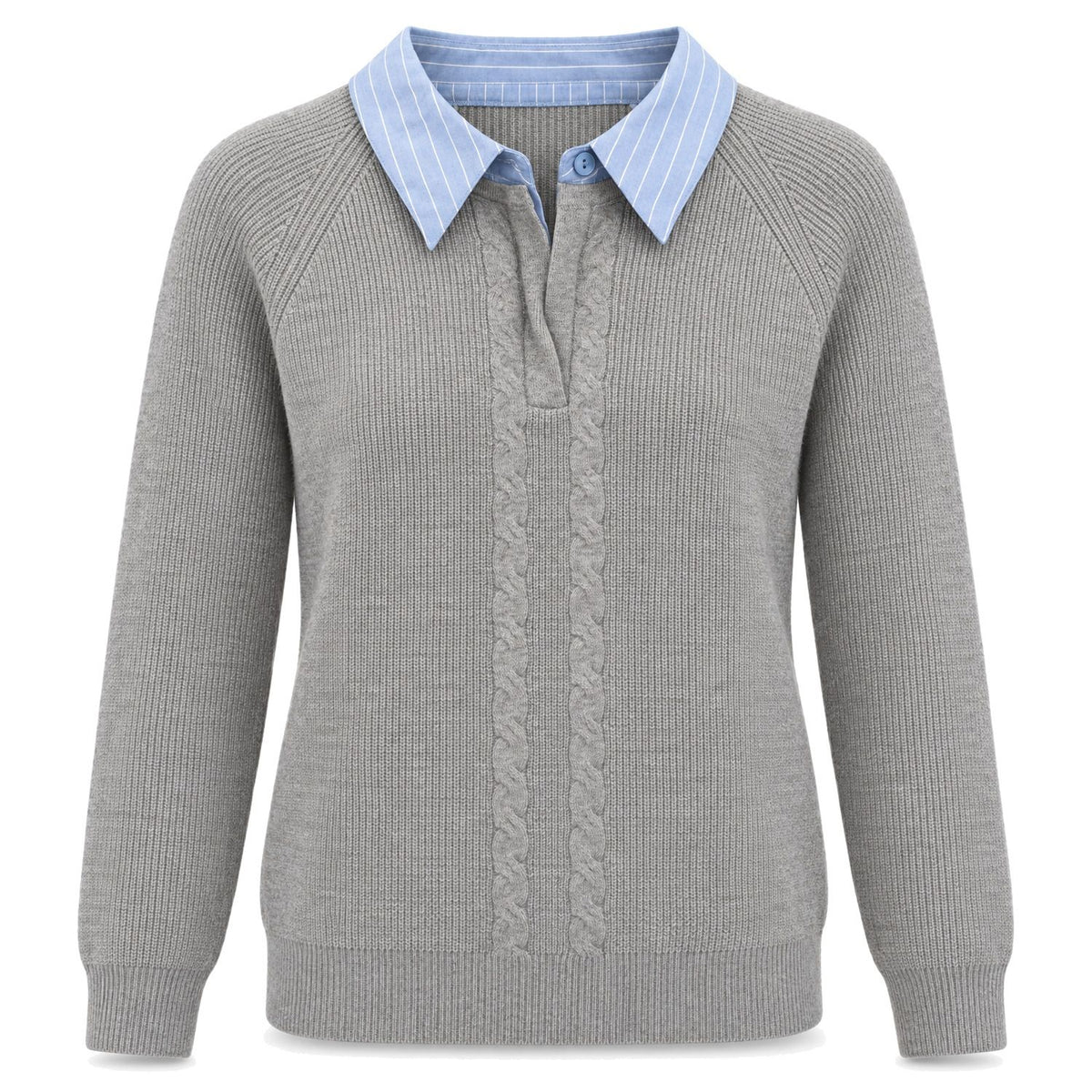 Grey Cable Sweater with Striped Collar