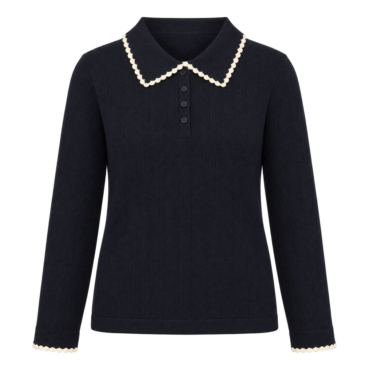Navy Pointelle Polo with Scalloped Collar