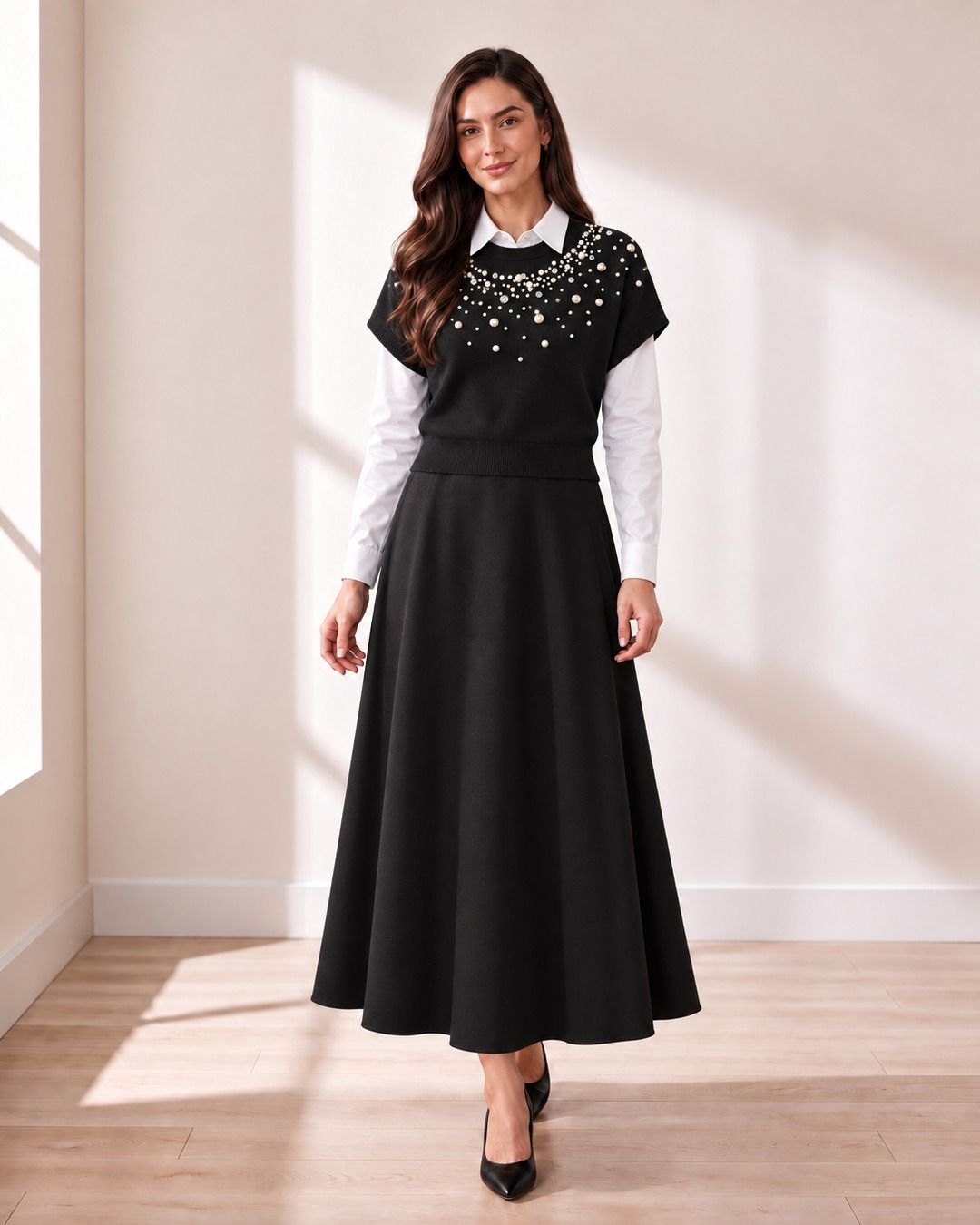 Pearl-Studded Black Sweater Vest
