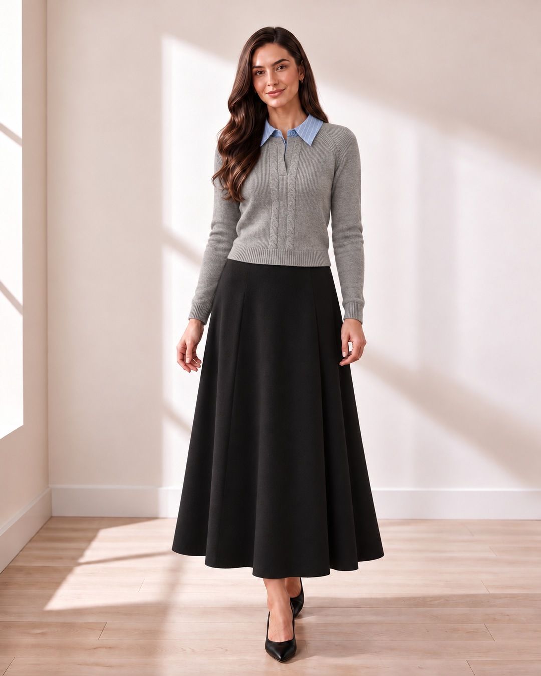 Grey Cable Sweater with Striped Collar