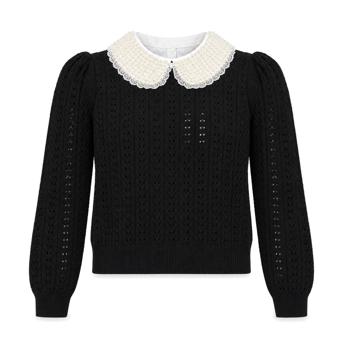 Black Pointelle Sweater with Pearl Collar