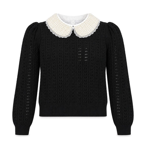 Black Pointelle Sweater with Pearl Collar