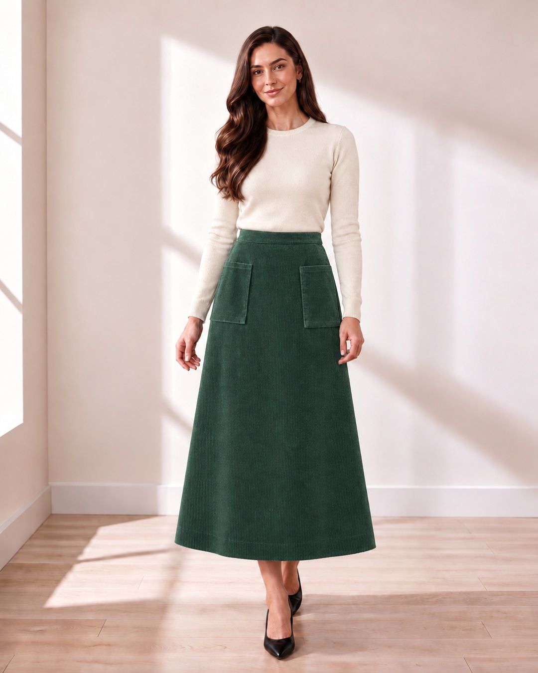 Corduroy Patch-Pocket A-Line Skirt