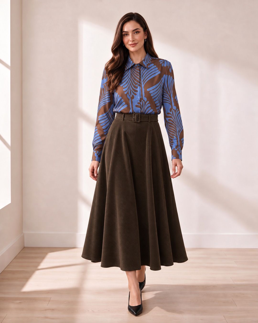 Blue and Brown Print Button-Up Blouse