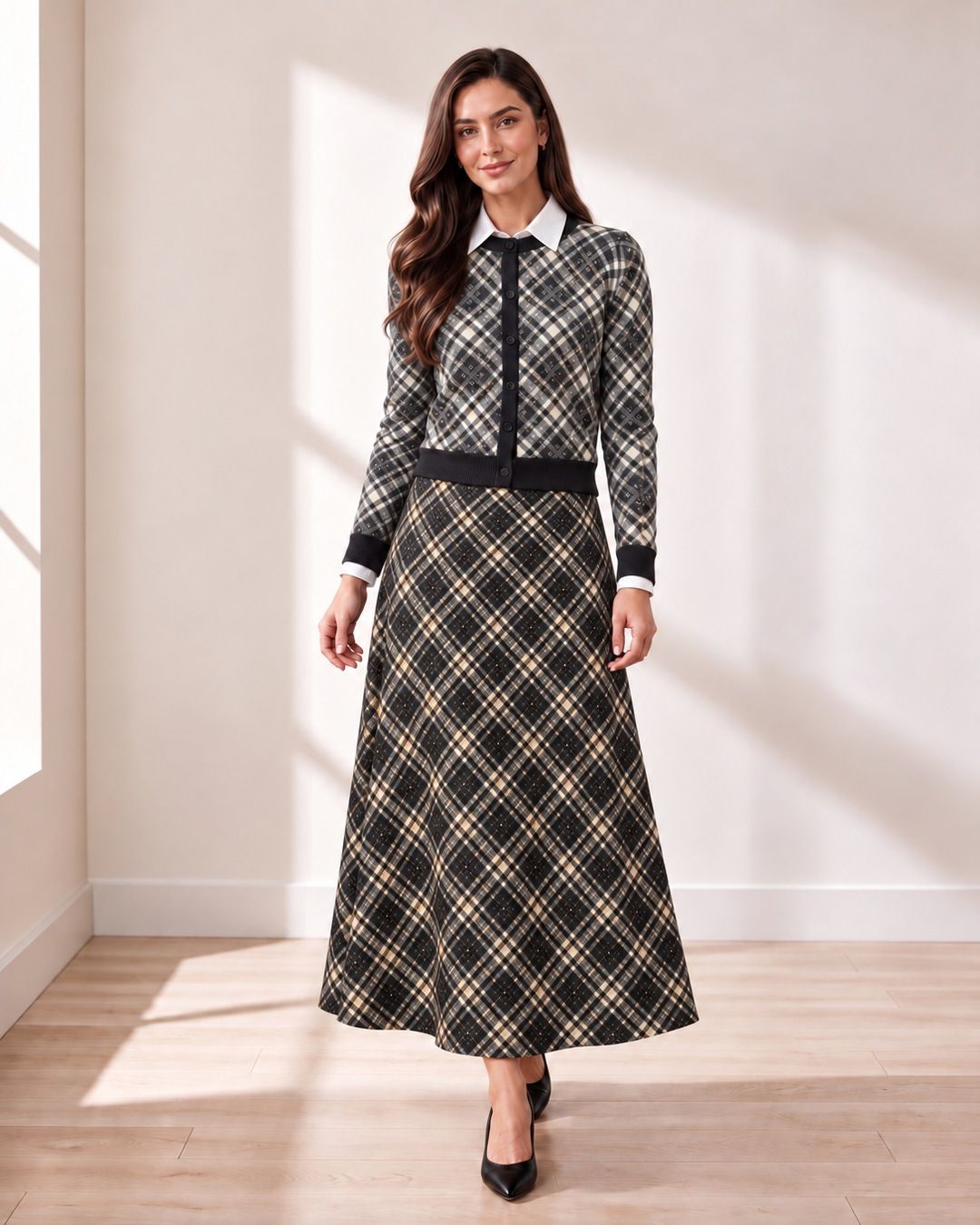 Black & Cream Plaid Cardigan on model