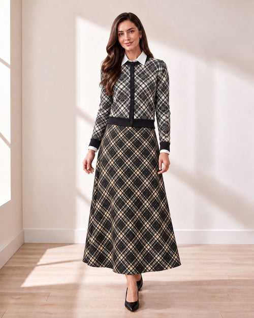 Black & Cream Plaid Cardigan on model