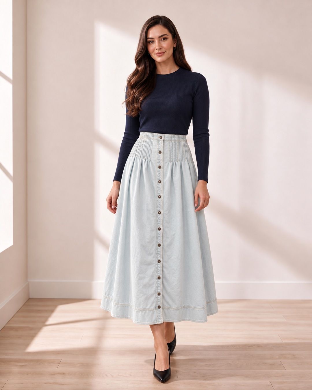 Light Denim Button-Front Skirt