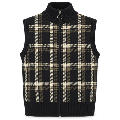 Black Plaid Zip Vest