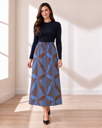 Blue Leaf-Print A-Line Skirt on model