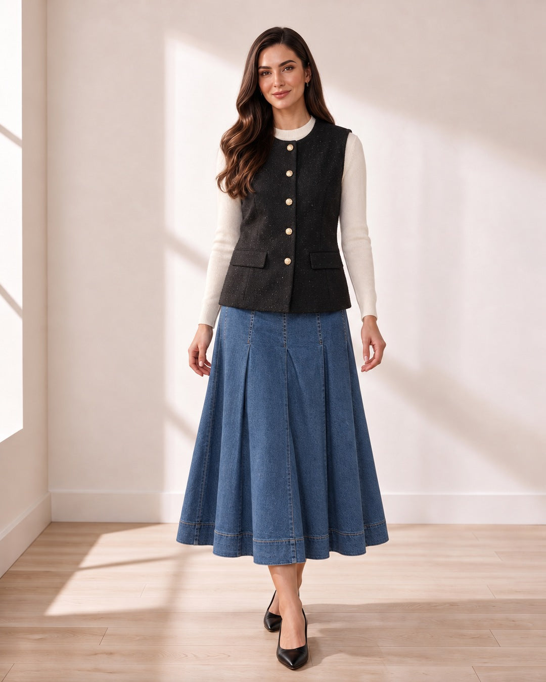 Denim Pleated Midi Skirt