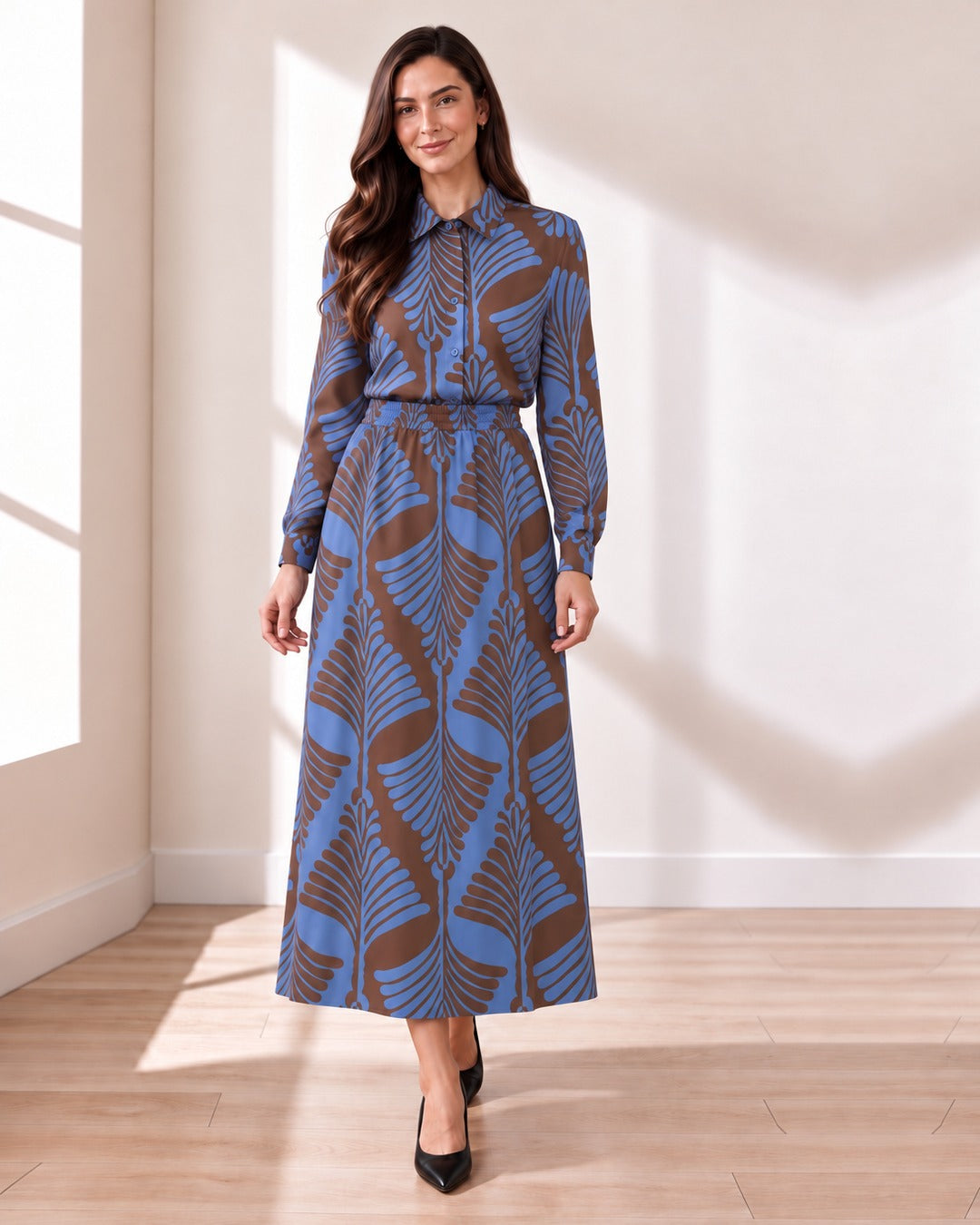 Blue Leaf-Print A-Line Skirt with matching Feather Blouse