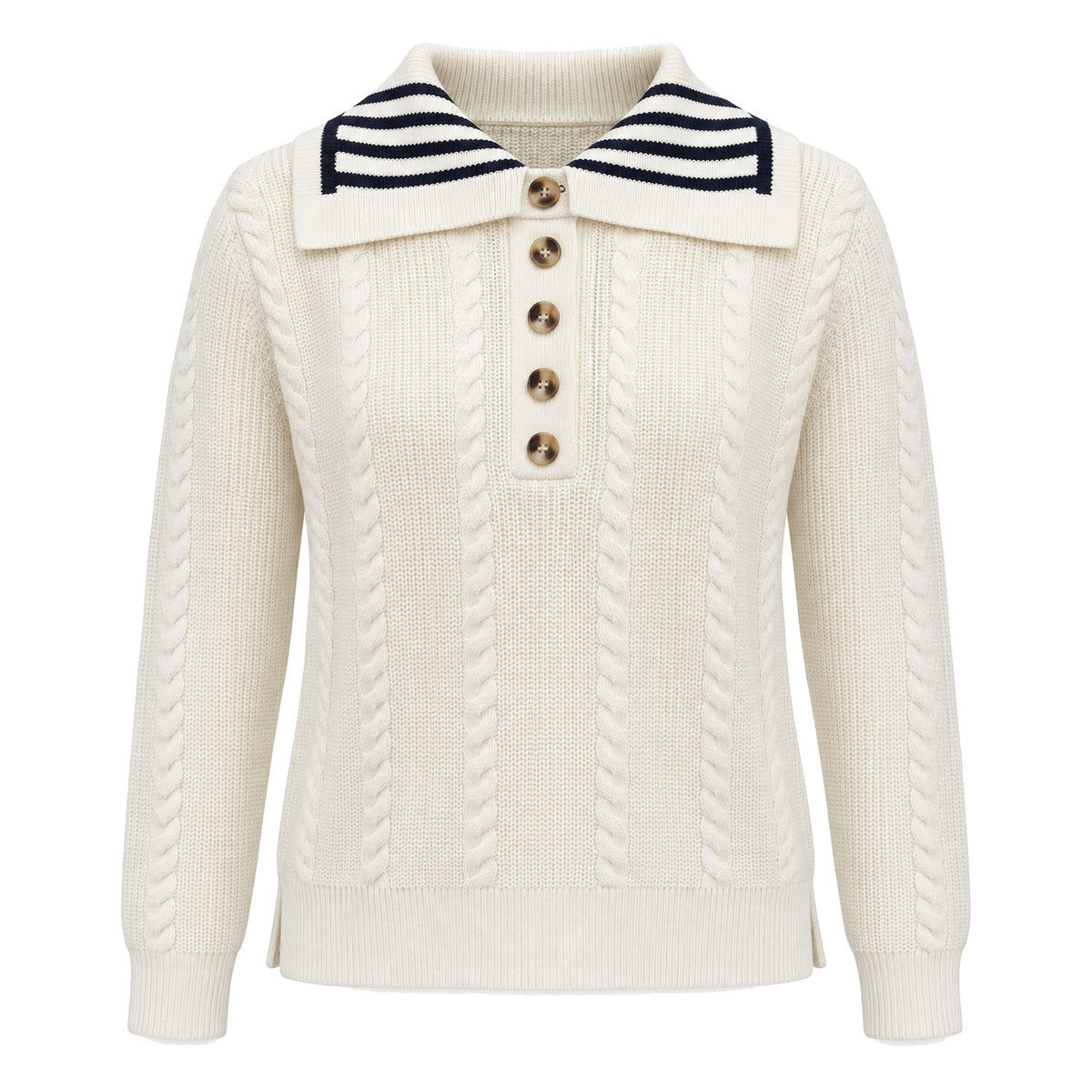 Ivory Striped-Collar Cable Sweater