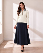 Ivory Striped-Collar Cable Sweater