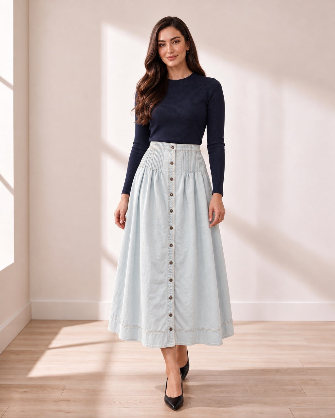 Light Denim Button-Front Skirt