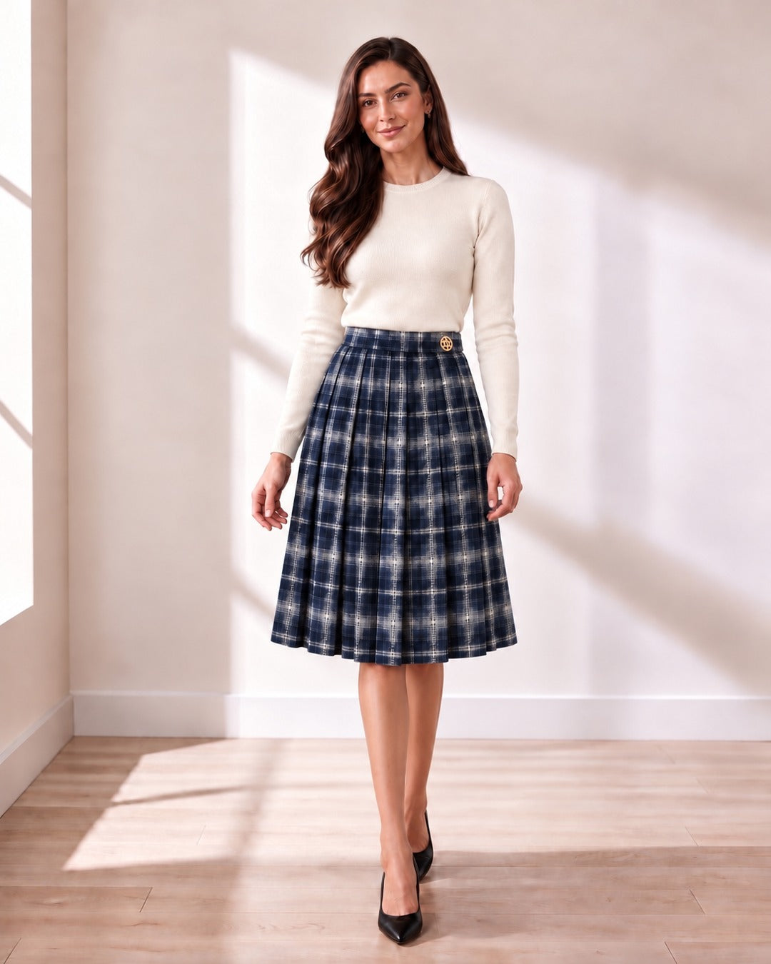 Navy Plaid Pleated Skirt