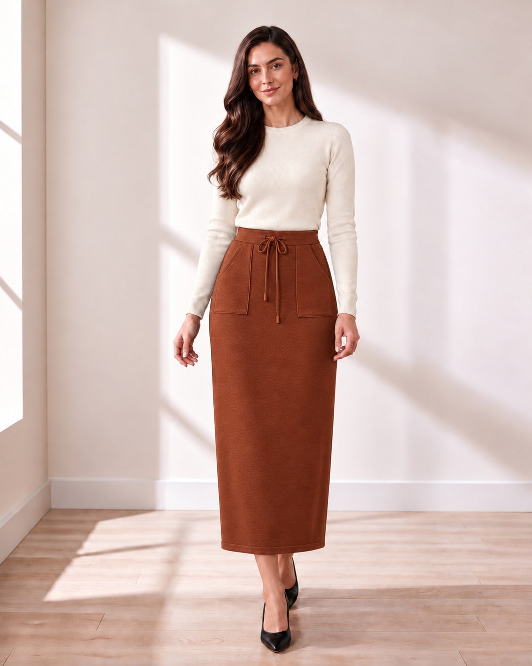 Knit Pencil Skirt in Rust