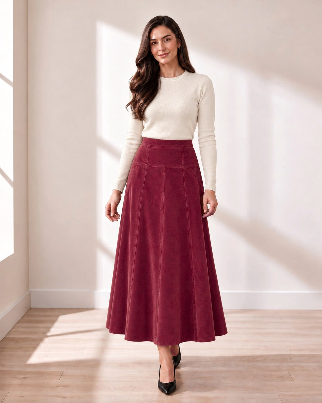 Wine Corduroy Paneled Skirt
