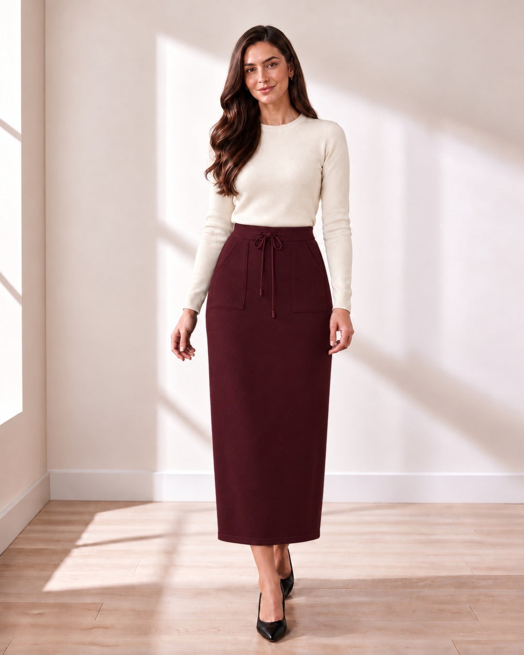 Knit Pencil Skirt in Wine